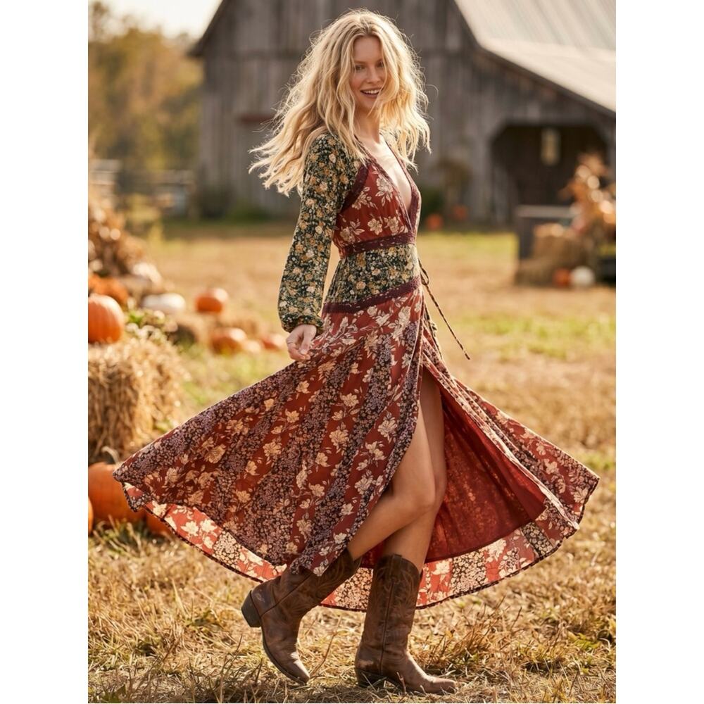Free People Tilda Maxi Wrap Dress Neutral Western Bohemian Witchy XS NWT - Picture 3 of 14